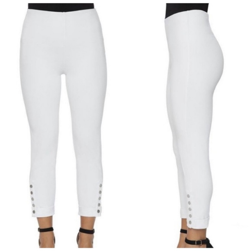 Lysse White Snap Button Denim Cuff Crop Leggings sz L High-Waisted Stretch Ankle